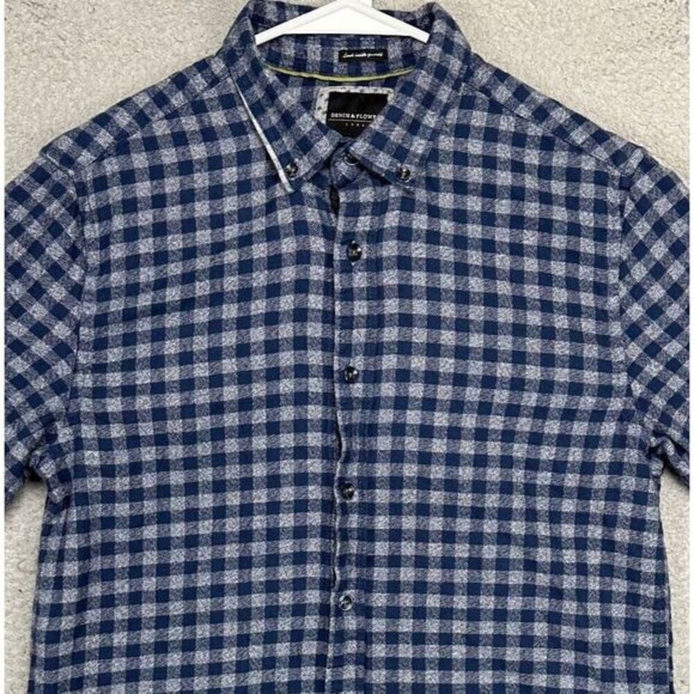 Denim Flower Shirt Adult Small Blue Grey Plaid Flannel Slim Fit Button Down Mens